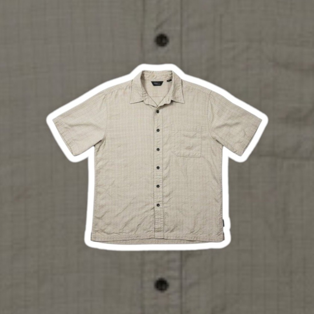 Royal Robbins Mens Large Beige Tan Relaxed Fit SS Seersucker Button Down Shirt